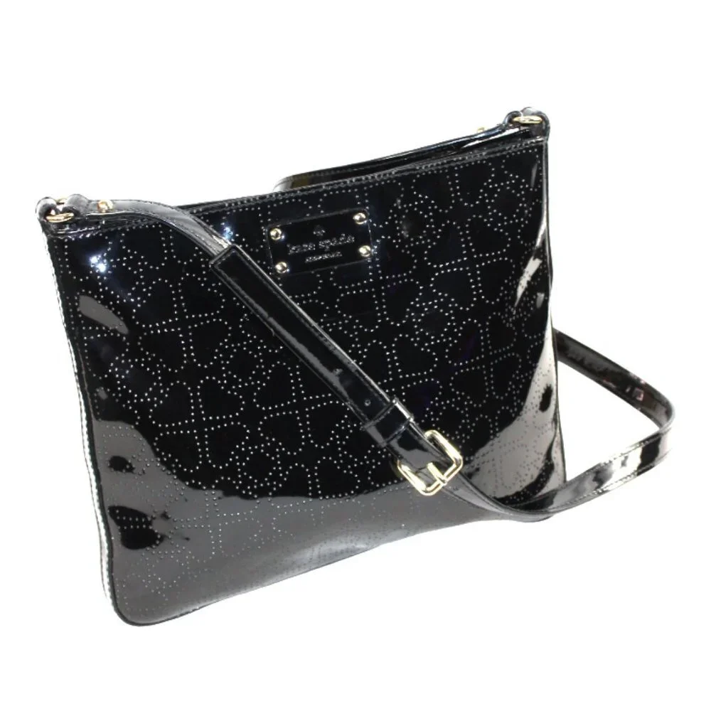 Kate Spade Darby Metro Black Patent Perforated Spade Crossbody Bag